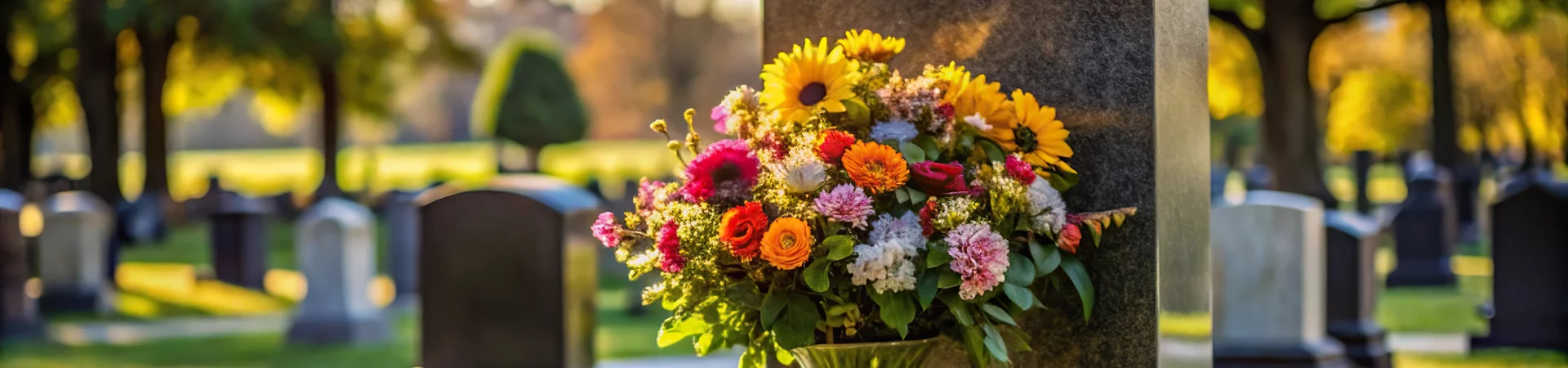 A cemetery scene with a gravestone adorned by a vase of vibrant flowers including sunflowers and roses.