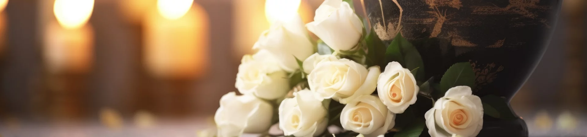 A funeral urn surrounded by white roses and lit candles, symbolizing remembrance and honoring the departed.