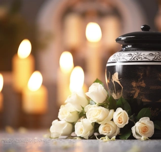 A funeral urn surrounded by white roses and lit candles, symbolizing remembrance and honoring a loved one.  A funeral urn surrounded by white roses and lit candles, symbolizing remembrance and honoring a loved one.
