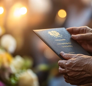 A person holding a program in front of a funeral wreath. A person holding a program in front of a funeral wreath.