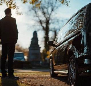 Two men in suits are standing next to a stylish black car. Two men in suits are standing next to a stylish black car.